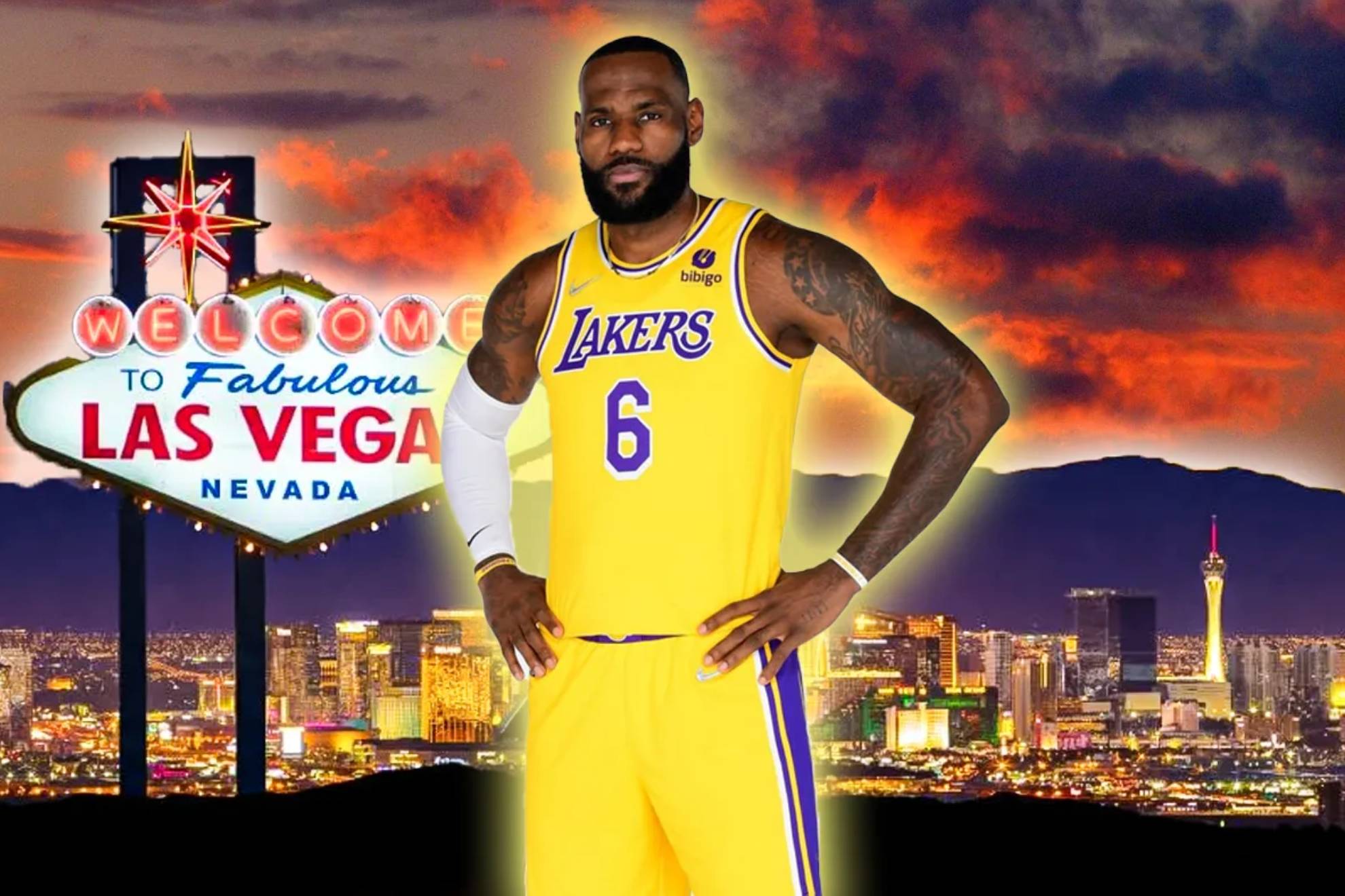 LeBron James con fondo de Las Vegas